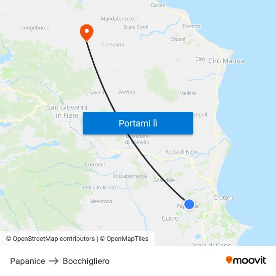 Papanice to Bocchigliero map