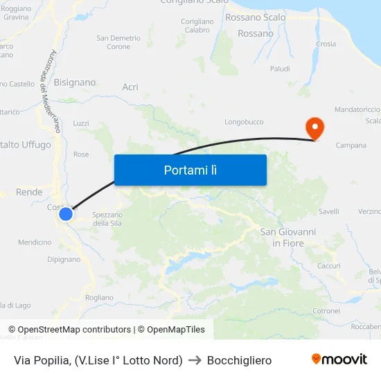 Via Popilia, (V.Lise I° Lotto Nord) to Bocchigliero map