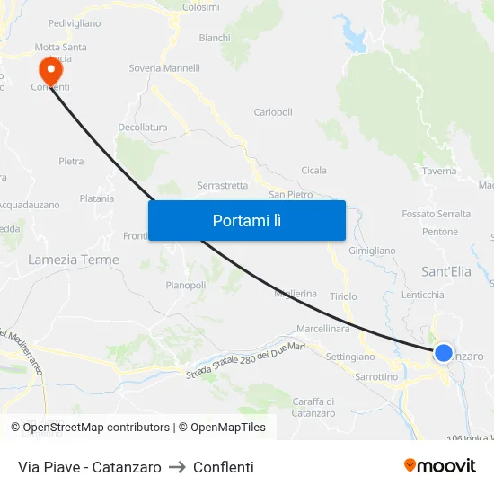 Via Piave - Catanzaro to Conflenti map