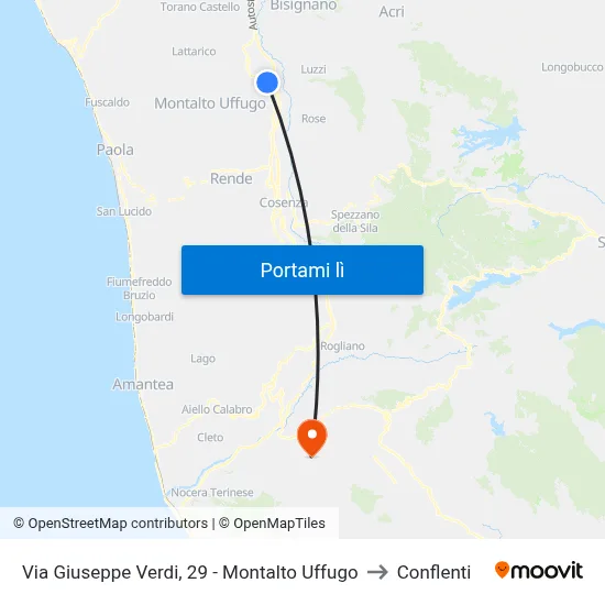 Via Giuseppe Verdi, 29 - Montalto Uffugo to Conflenti map