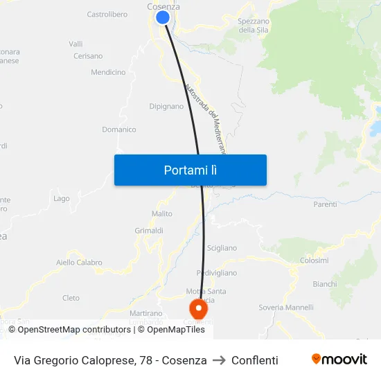 Via Gregorio Caloprese, 78 - Cosenza to Conflenti map