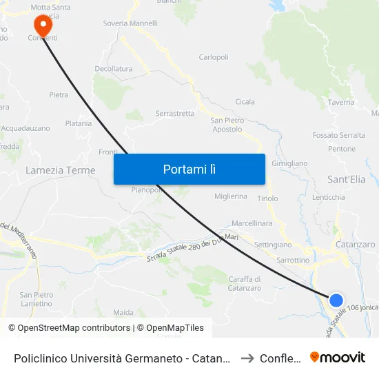 Policlinico Università Germaneto - Catanzaro to Conflenti map