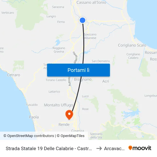 Strada Statale 19 Delle Calabrie - Castrovillari to Arcavacata map