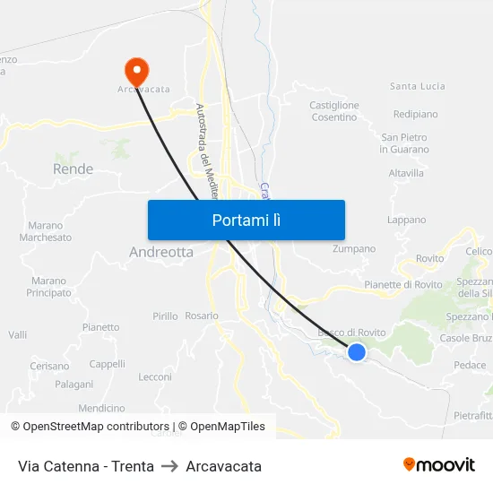 Via Catenna - Trenta to Arcavacata map