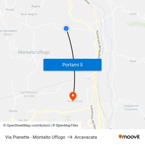 Via Pianette - Montalto Uffugo to Arcavacata map