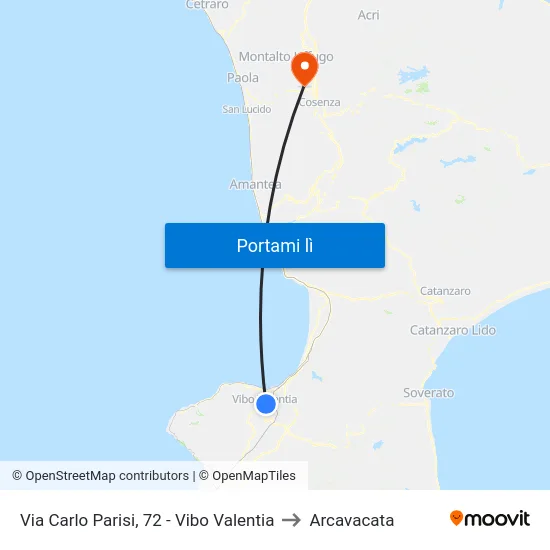 Via Carlo Parisi, 72 - Vibo Valentia to Arcavacata map