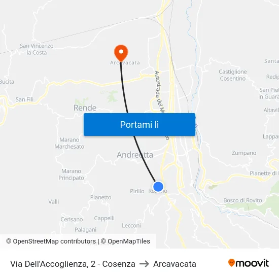 Via Dell'Accoglienza, 2 - Cosenza to Arcavacata map