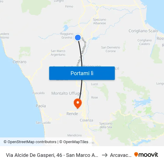 Via Alcide De Gasperi, 46 - San Marco Argentano to Arcavacata map