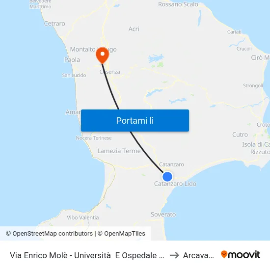 Via Enrico Molè - Università  E Ospedale - Catanzaro to Arcavacata map