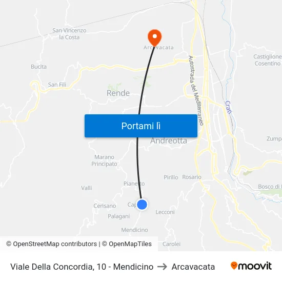 Viale Della Concordia, 10 - Mendicino to Arcavacata map