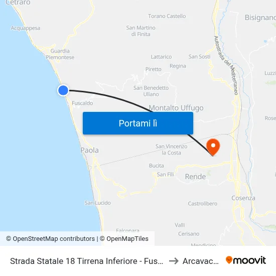 Strada Statale 18 Tirrena Inferiore - Fuscaldo to Arcavacata map