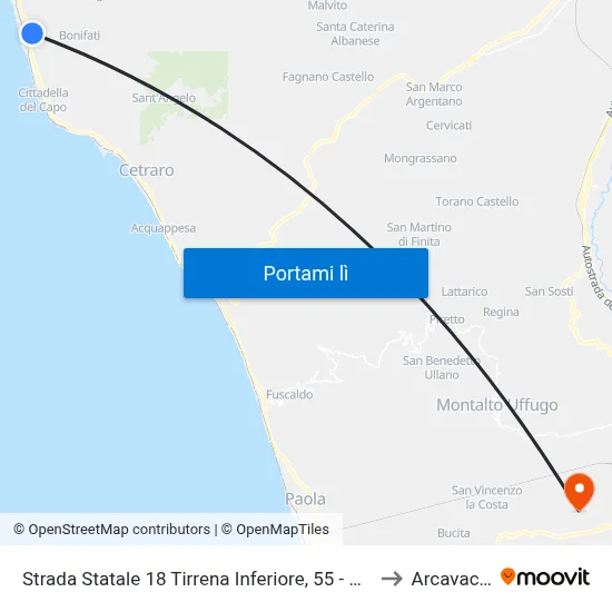 Strada Statale 18 Tirrena Inferiore, 55 - Sangineto to Arcavacata map