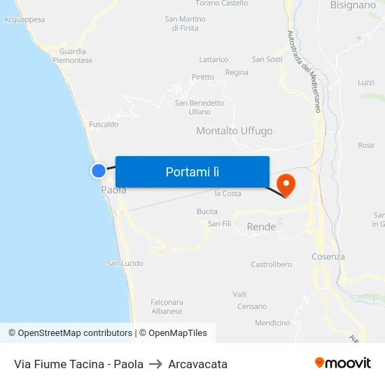 Via Fiume Tacina - Paola to Arcavacata map