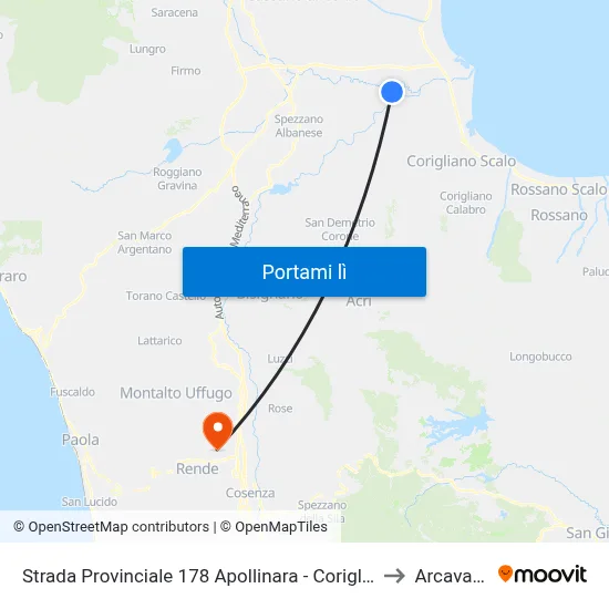 Strada Provinciale 178 Apollinara  - Corigliano Calabro to Arcavacata map