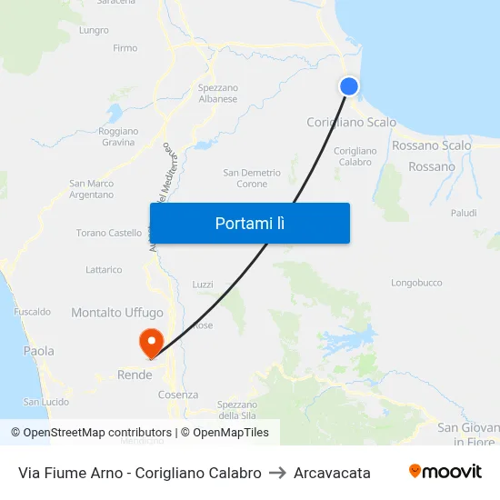 Via  Fiume Arno - Corigliano Calabro to Arcavacata map