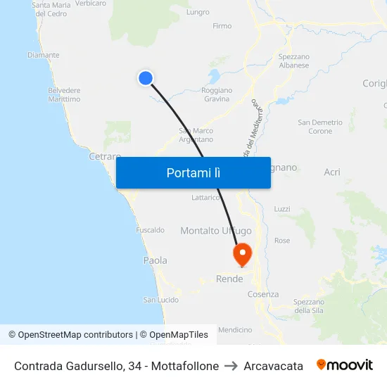 Contrada Gadursello, 34 - Mottafollone to Arcavacata map