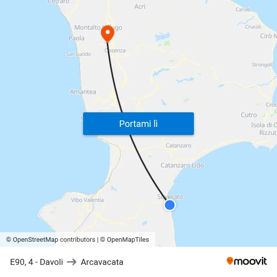 E90, 4 - Davoli to Arcavacata map