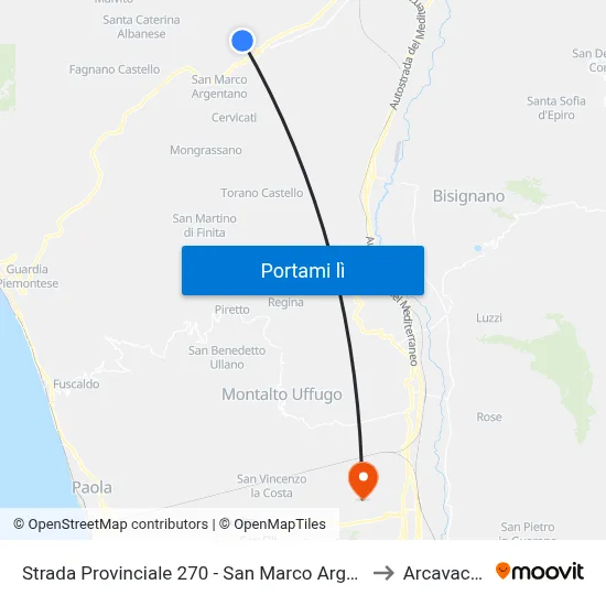 Strada Provinciale 270 - San Marco Argentano to Arcavacata map