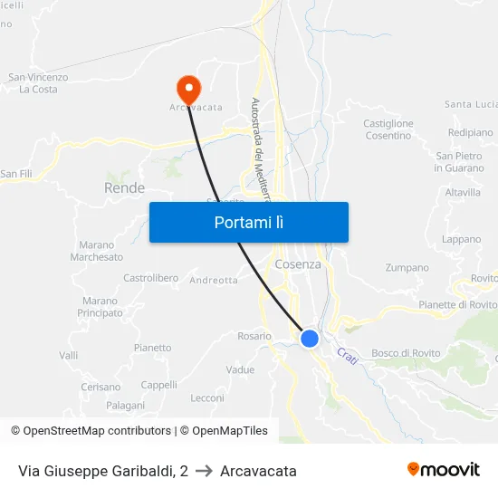Via Giuseppe Garibaldi, 2 to Arcavacata map