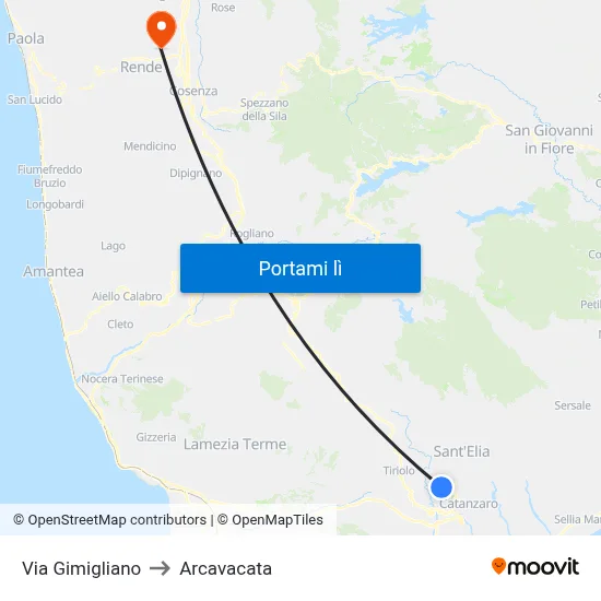 Via Gimigliano to Arcavacata map