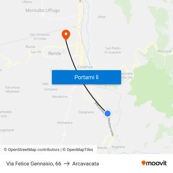 Via Felice Gennasio, 66 to Arcavacata map