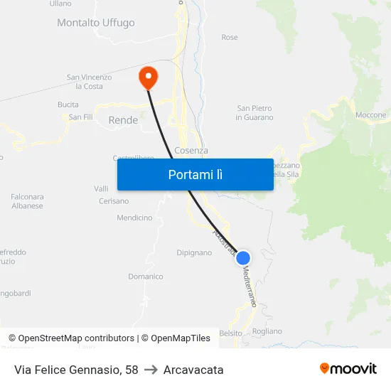 Via Felice Gennasio, 58 to Arcavacata map