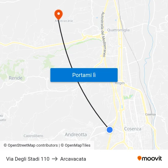 Via Degli Stadi 110 to Arcavacata map