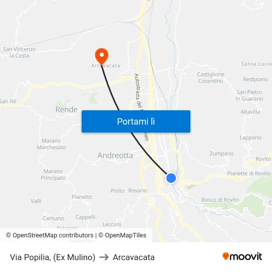 Via Popilia, (Ex Mulino) to Arcavacata map
