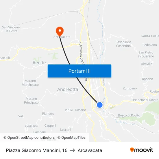 Piazza Giacomo Mancini, 16 to Arcavacata map