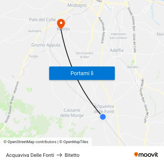 Acquaviva Delle Fonti to Bitetto map