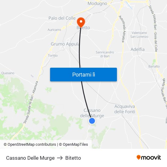 Cassano Delle Murge to Bitetto map