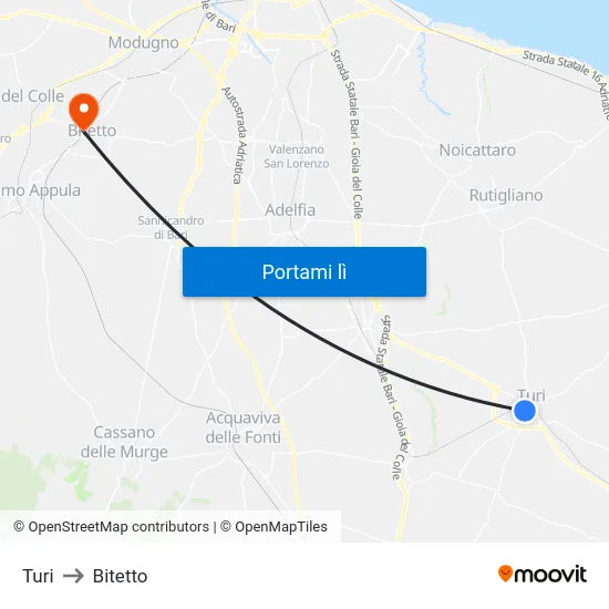 Turi to Bitetto map
