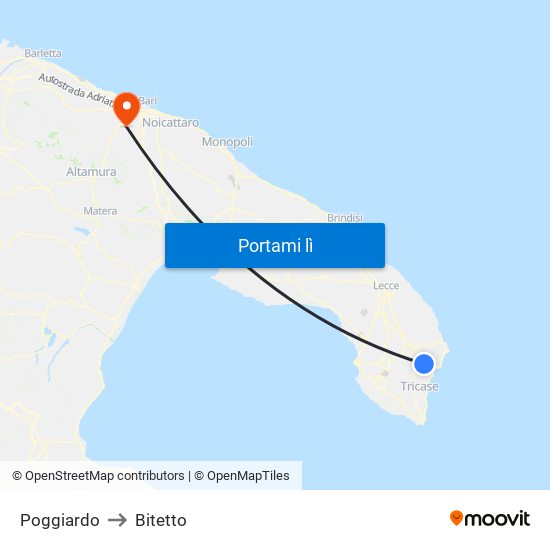 Poggiardo to Bitetto map