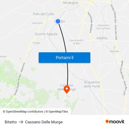 Bitetto to Cassano Delle Murge map