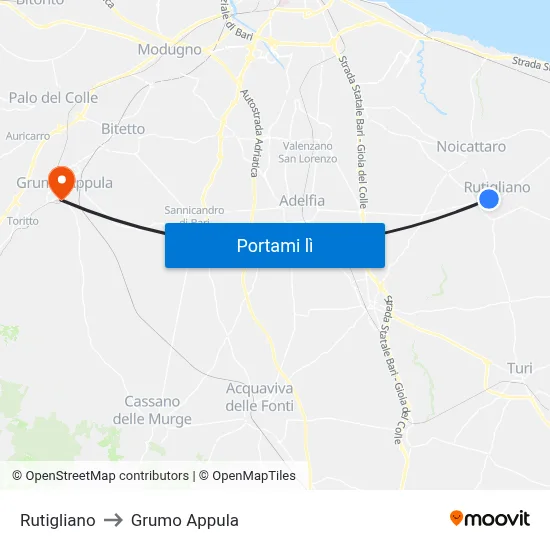 Rutigliano to Grumo Appula map