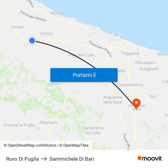 Ruvo Di Puglia to Sammichele Di Bari map