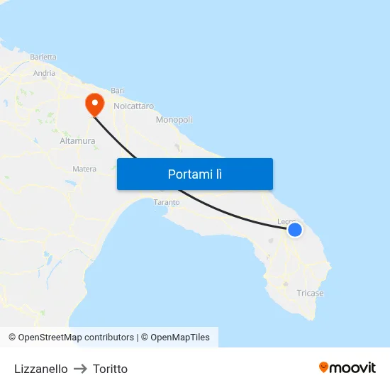 Lizzanello to Toritto map