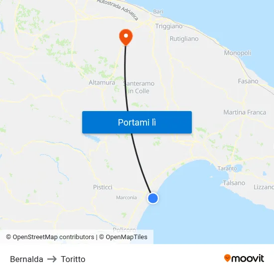 Bernalda to Toritto map