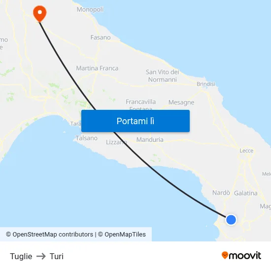 Tuglie to Turi map
