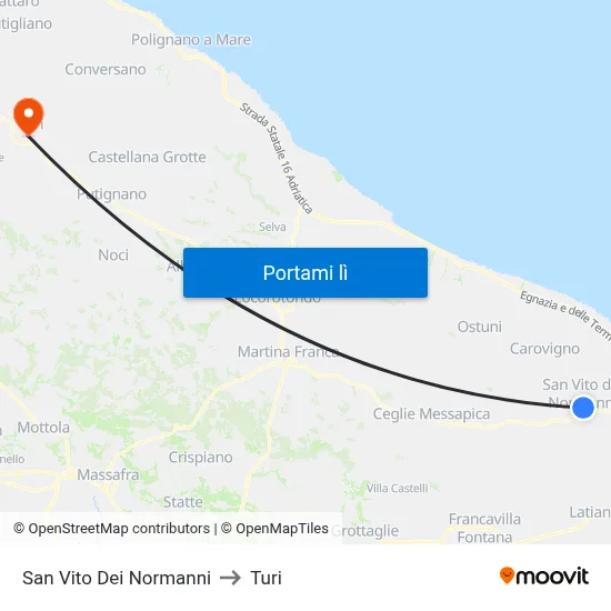 San Vito Dei Normanni to Turi map