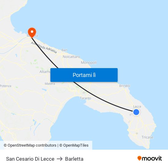 San Cesario Di Lecce to Barletta map