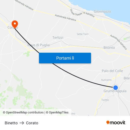 Binetto to Corato map