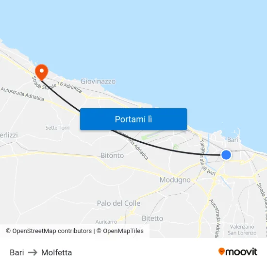 Bari to Molfetta map