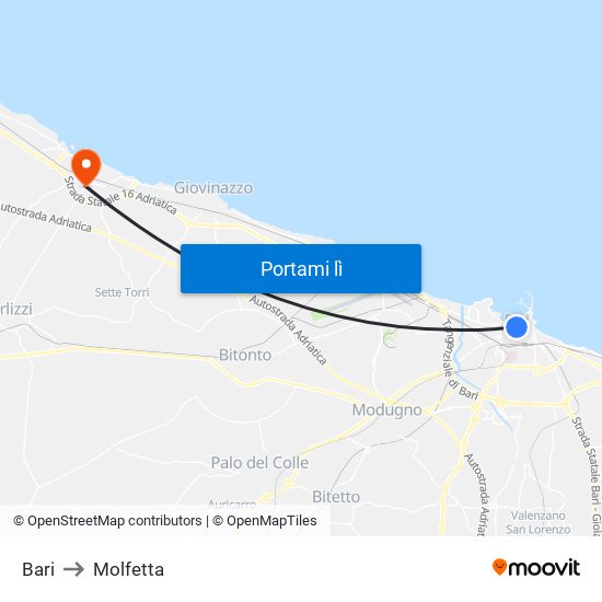 Bari to Molfetta map