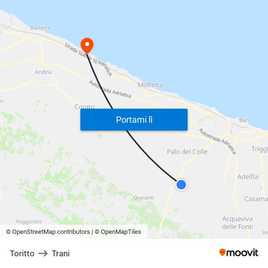 Toritto to Trani map