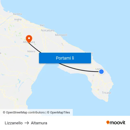 Lizzanello to Altamura map