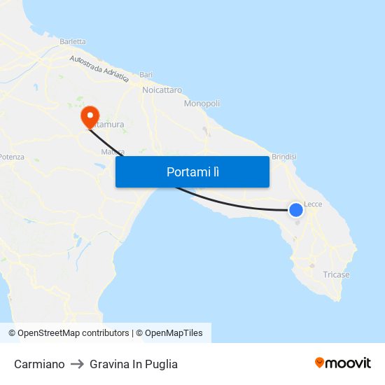 Carmiano to Gravina In Puglia map