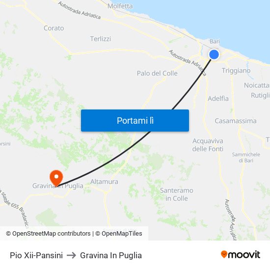 Pio Xii-Pansini to Gravina In Puglia map
