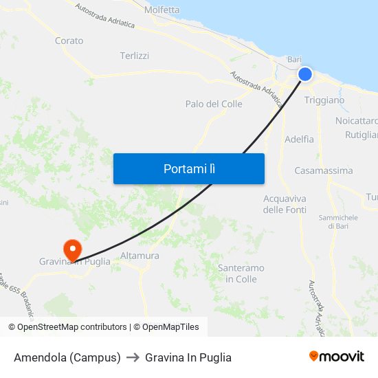 Amendola (Campus) to Gravina In Puglia map