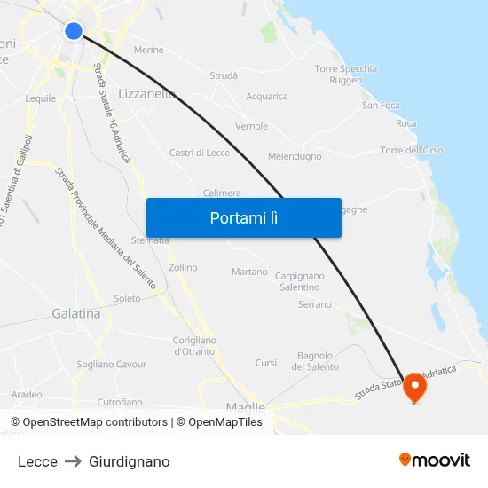 Lecce to Giurdignano map